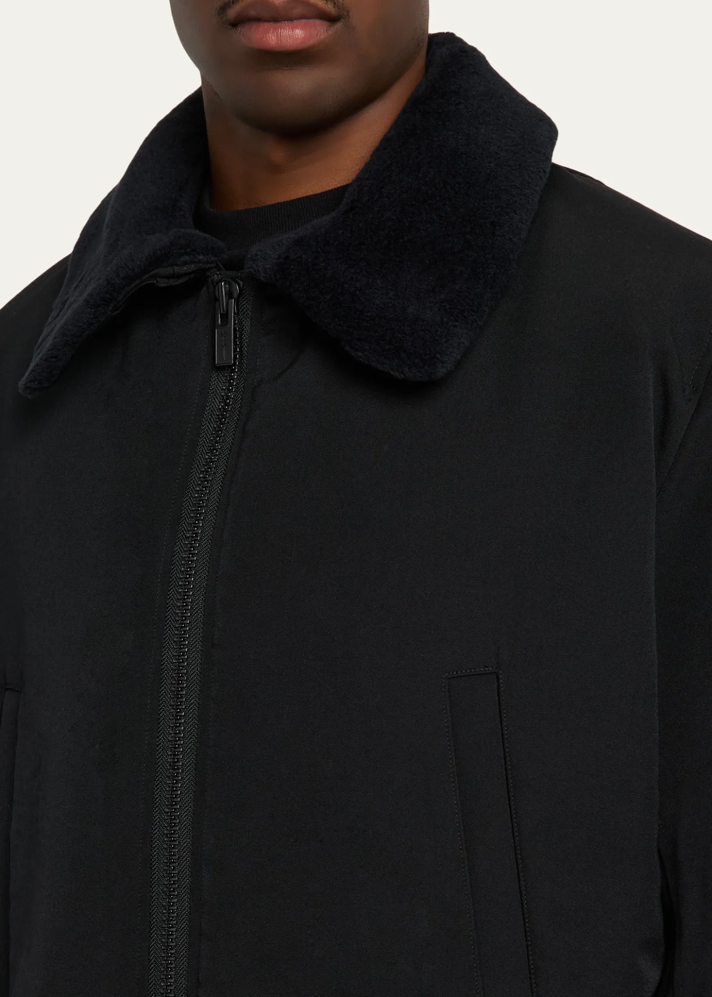 Yohji YamamotoMen's Wool Gabardine Flight Jacket with Removable Faux Fur Collar