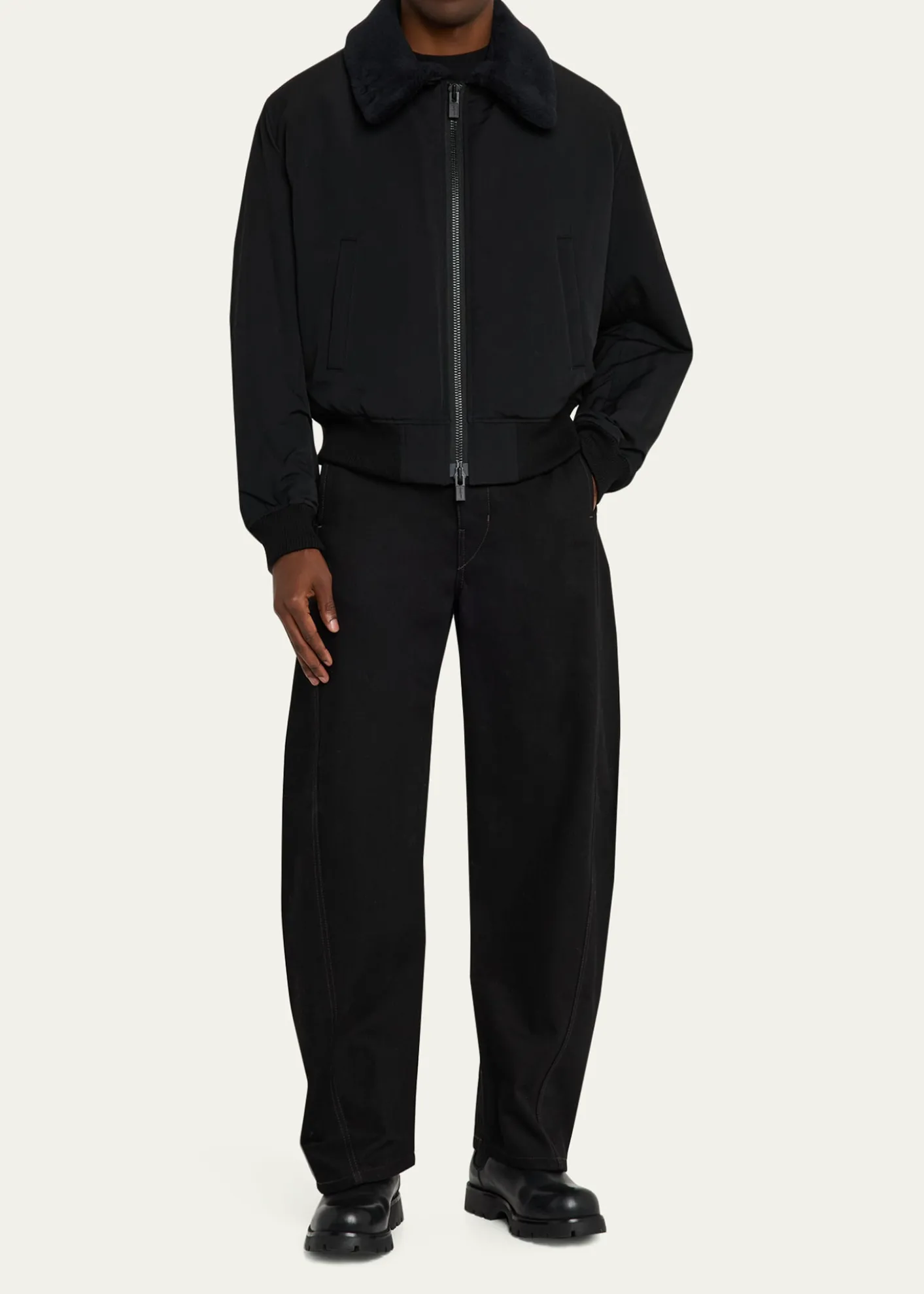 Yohji YamamotoMen's Wool Gabardine Flight Jacket with Removable Faux Fur Collar