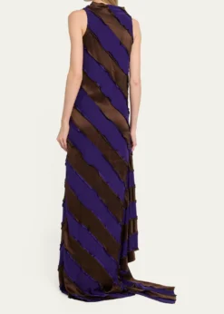 ZANKOVCowl-Neck Striped Silk Asymmetric Maxi Dress