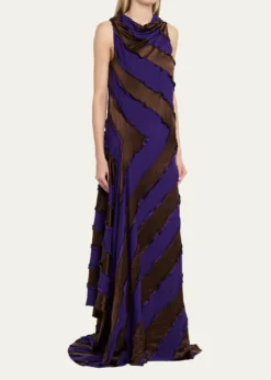 ZANKOVCowl-Neck Striped Silk Asymmetric Maxi Dress