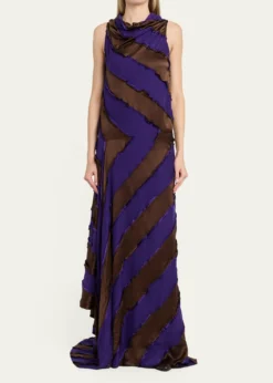 ZANKOVCowl-Neck Striped Silk Asymmetric Maxi Dress