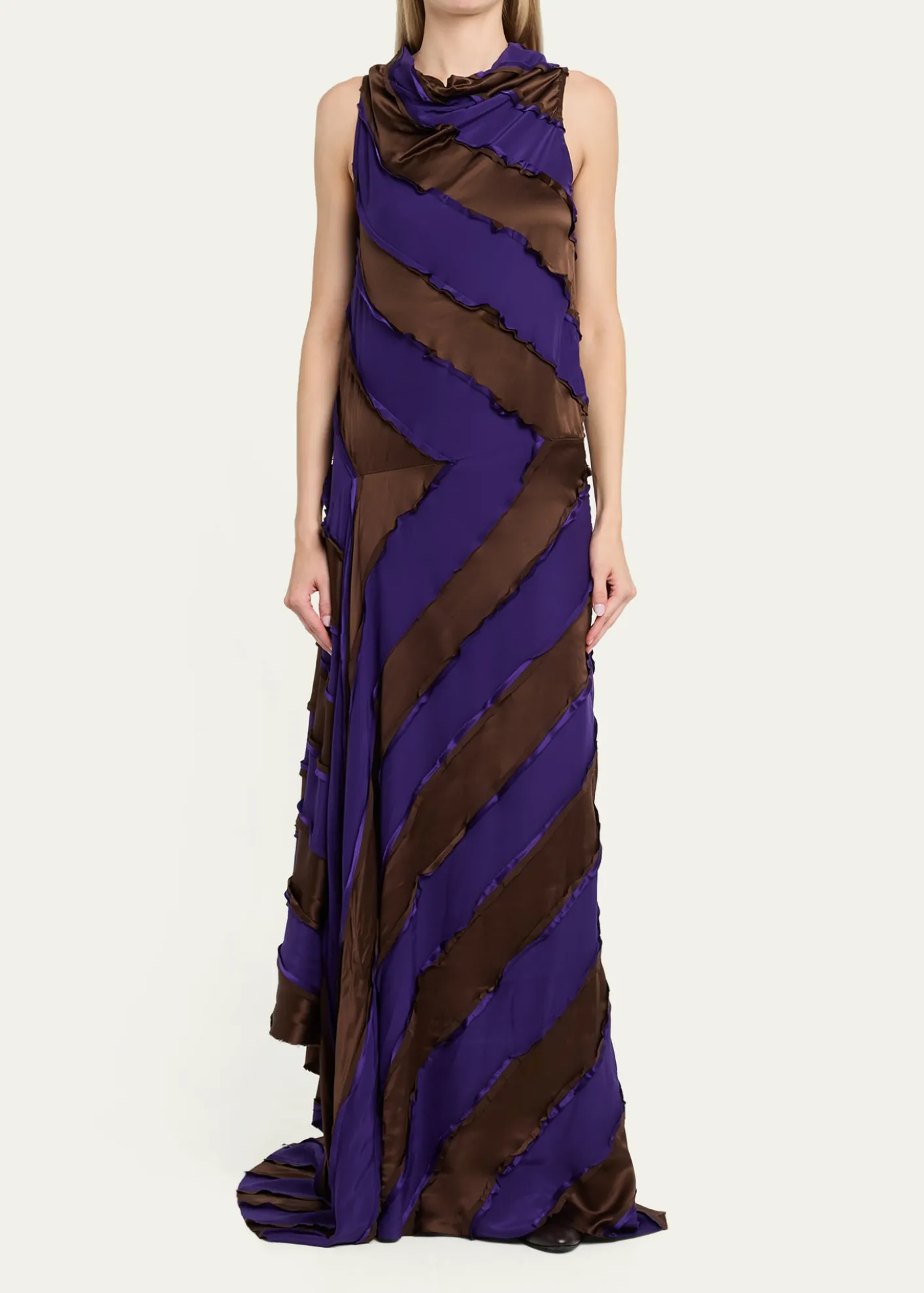 ZANKOVCowl-Neck Striped Silk Asymmetric Maxi Dress