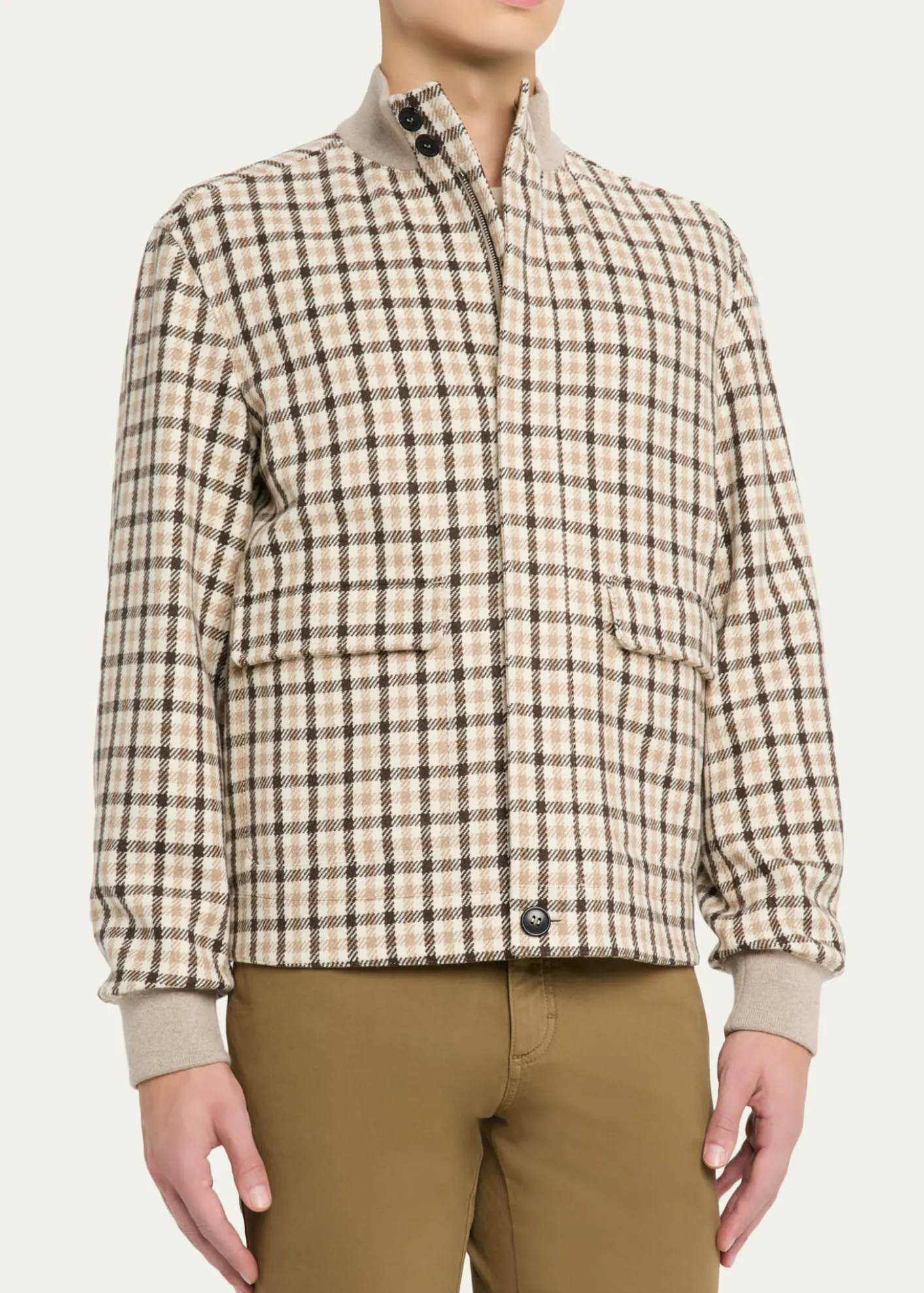 ZEGNAMen's Cashmere Check Hidden-Zip Chore Jacket