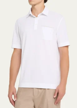 ZEGNAMen's Cotton Polo Shirt with Leather-Trim Pocket