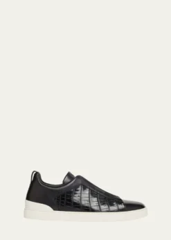 ZEGNAMen's Triple Stitch Alligator Leather Slip-On Sneakers