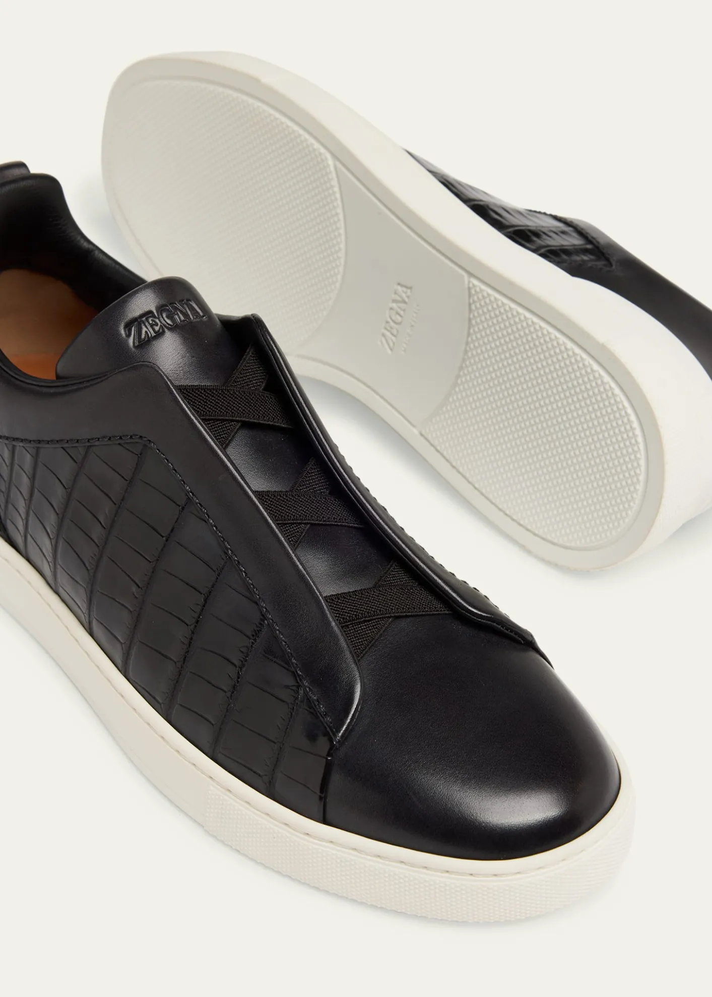ZEGNAMen's Triple Stitch Alligator Leather Slip-On Sneakers