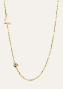 Zoe Lev Jewelry14K Gold Asymmetrical Initial and Bezel Diamond Necklace, 16-18